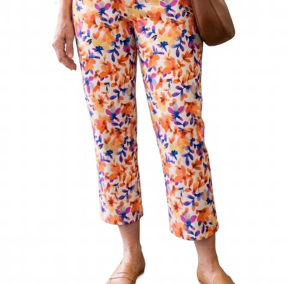NEW ZAC & RACHEL ultimate pull-on slim leg floral crop pants in bright white mul